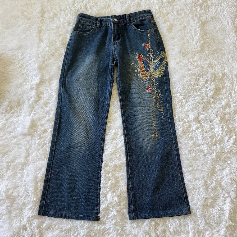 YESSTYLE Sosana Low Waist Butterfly Embroidered Bootcut Jeans Size M 26 in insea